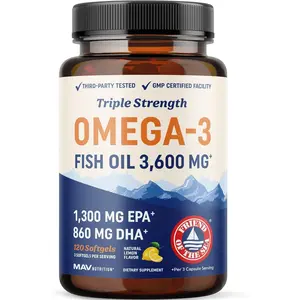 Triple Strength Omega 3 Fish Oil 3600 mg | EPA & DHA | Over 2100mg Omega-3 Fatty Acids | 1300mg EPA + 860mg DHA | Best Essential Fatty Acids | Premium Wild Caught & Burpless Fish Oil | 120 Ct