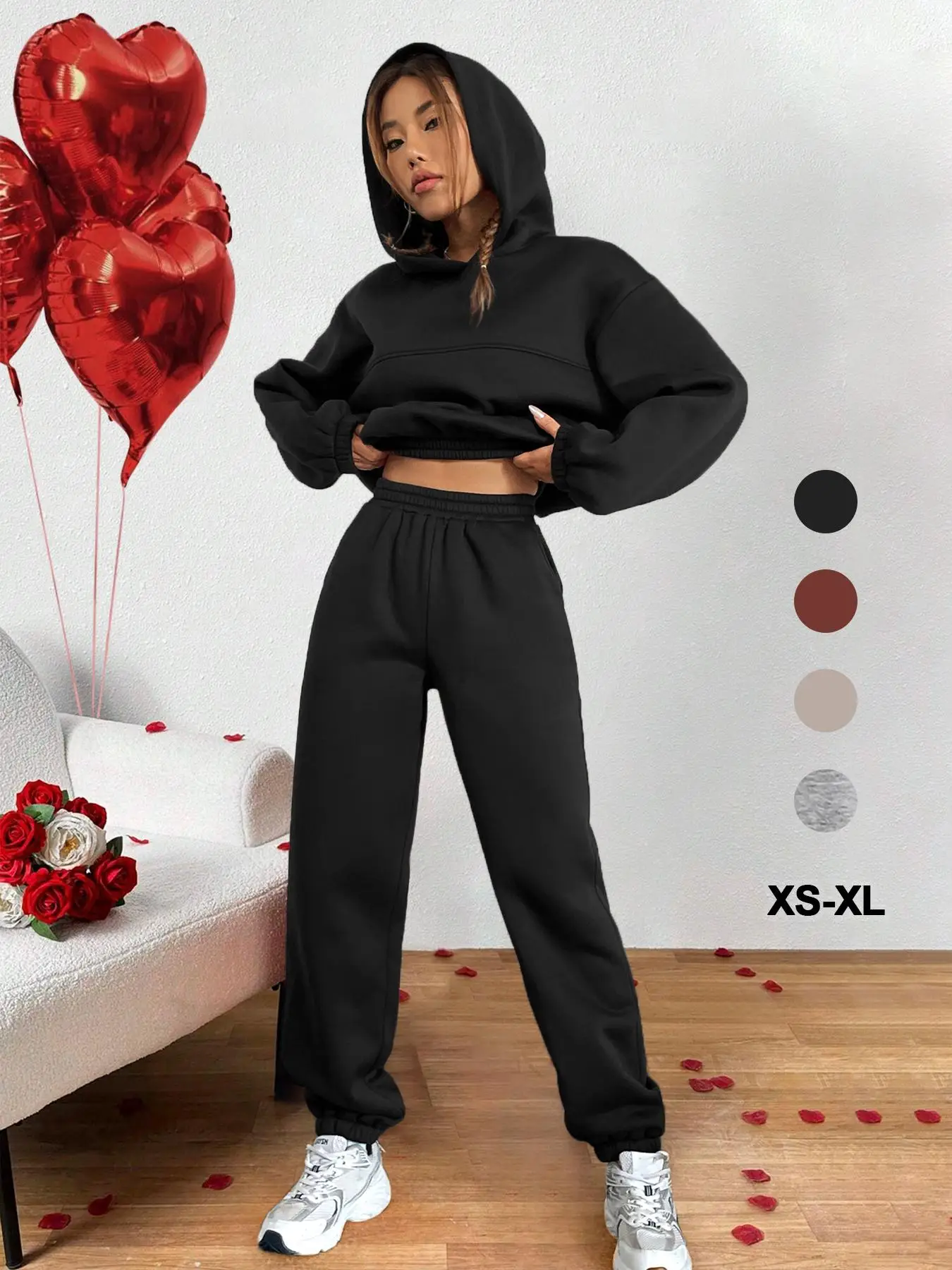 Two-piece Set Women's Plain, 2 Counts Crop Hoodie & Elastic Waist Sweatpants Set, Casual Drop Shoulder Pullover & Jogger Pants For Outdoor Galentines