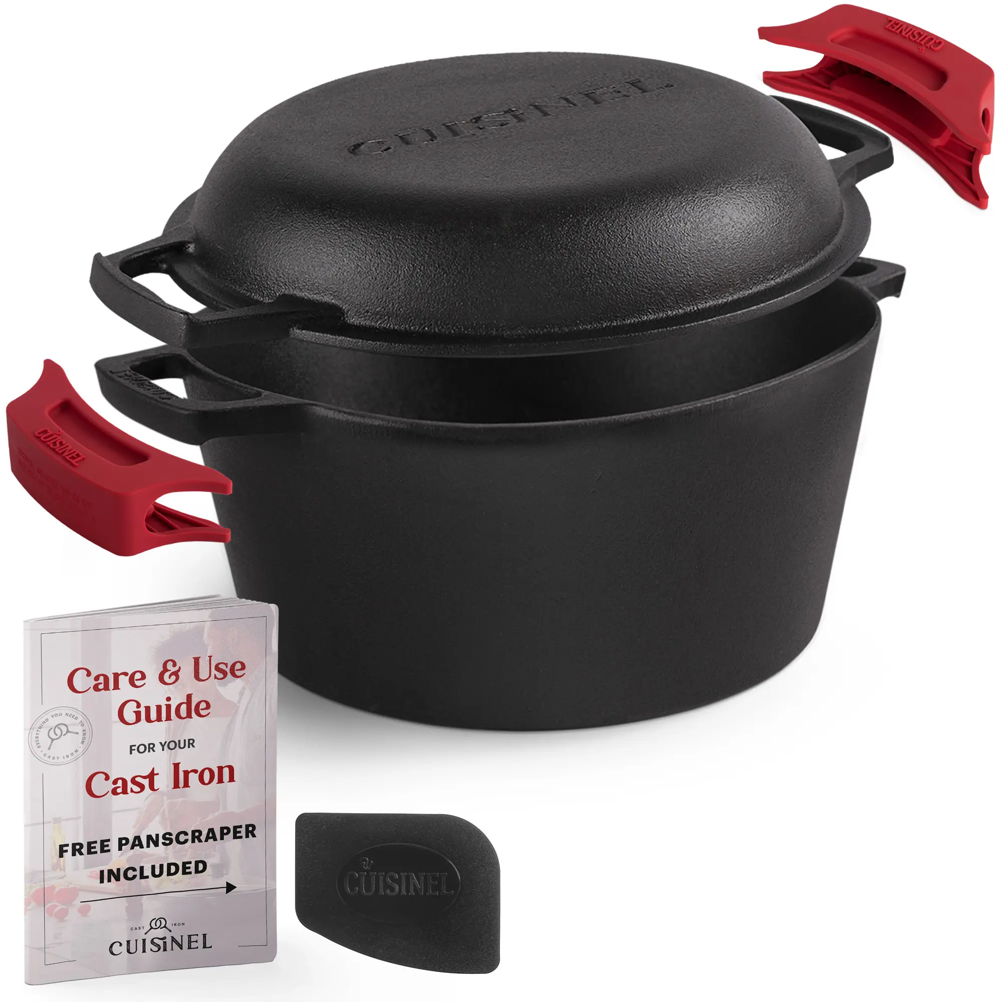 Cuisinel Pre-Seasoned Cast Iron Dutch Oven - 2-in-1 Multi-Cooker Deep Pot + Lid - Available in 3, 5 & 7 Quart with Braiser or Skillet Lid - Bread Baking, Braising, Soups & Roasting - Oven, Stovetop, Campfire & Induction Safe - Non-Toxic, PFOA & PFAS Free