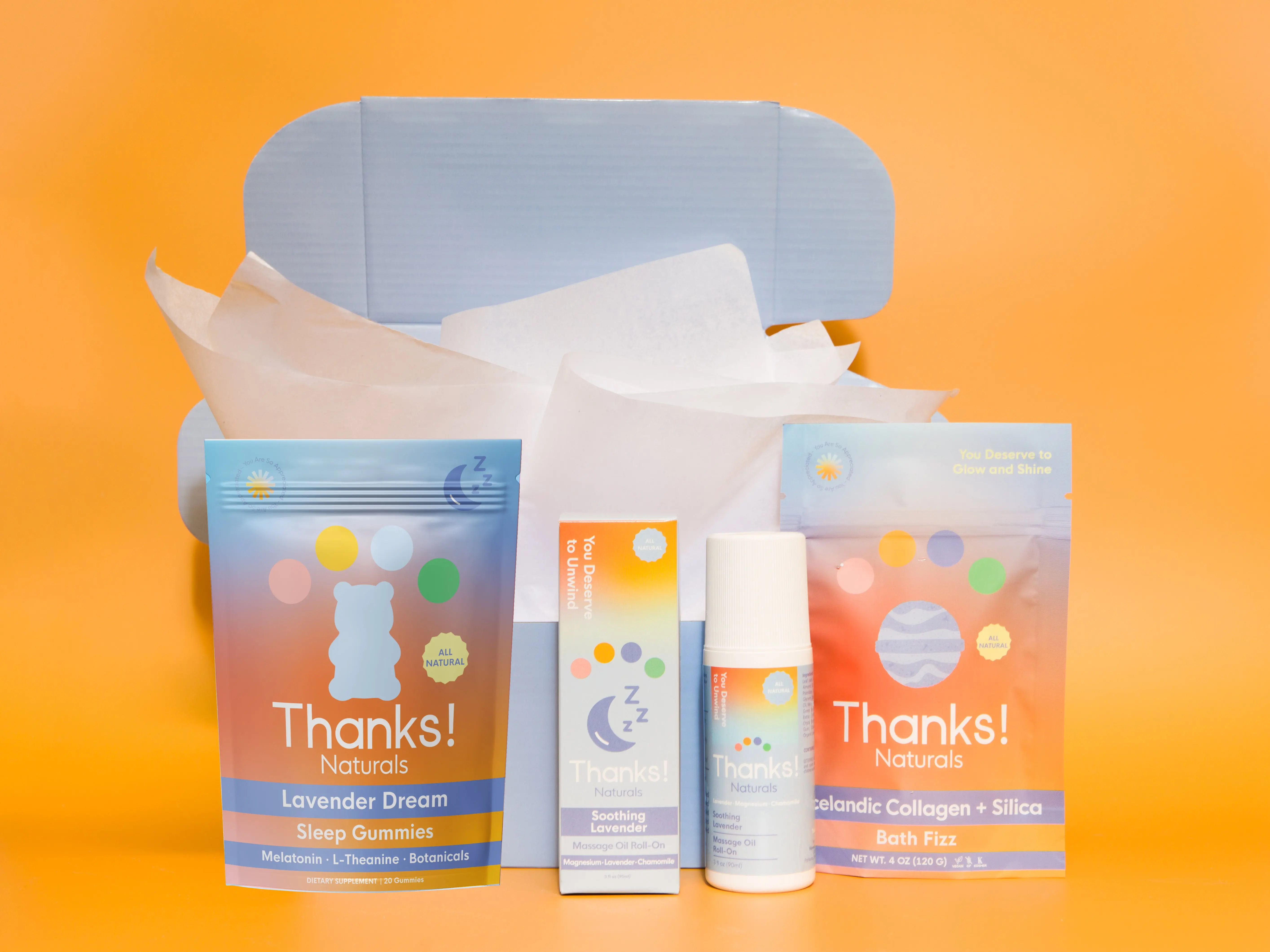 Thanks! Naturals Sleep Bundle - Bath Fizz, Melatonin Gummies, Massage Oil Roll-On - All-Natural ingredients, Lavender, Magnesium, Icelandic Collagen