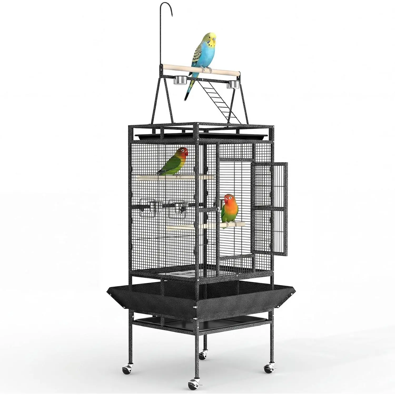 82 inches Speckled Black Powder-Coated Wrought Iron Bird Cage - Coated Metal, Built-in Wheels, Caster Locks, Play Top, Rope Perch, Bottom Grate, Healthy Exercise Space, Clean Environment, Indoor Birds (Parakeets, Cockatiels)