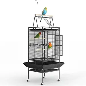 Large 82" Parrot Cage with Wheels, Play Top & Rope Perch - Spacious Flight Bird Cage for Parakeets, Cockatiels, Conures - Powder-Coated Speckled Black