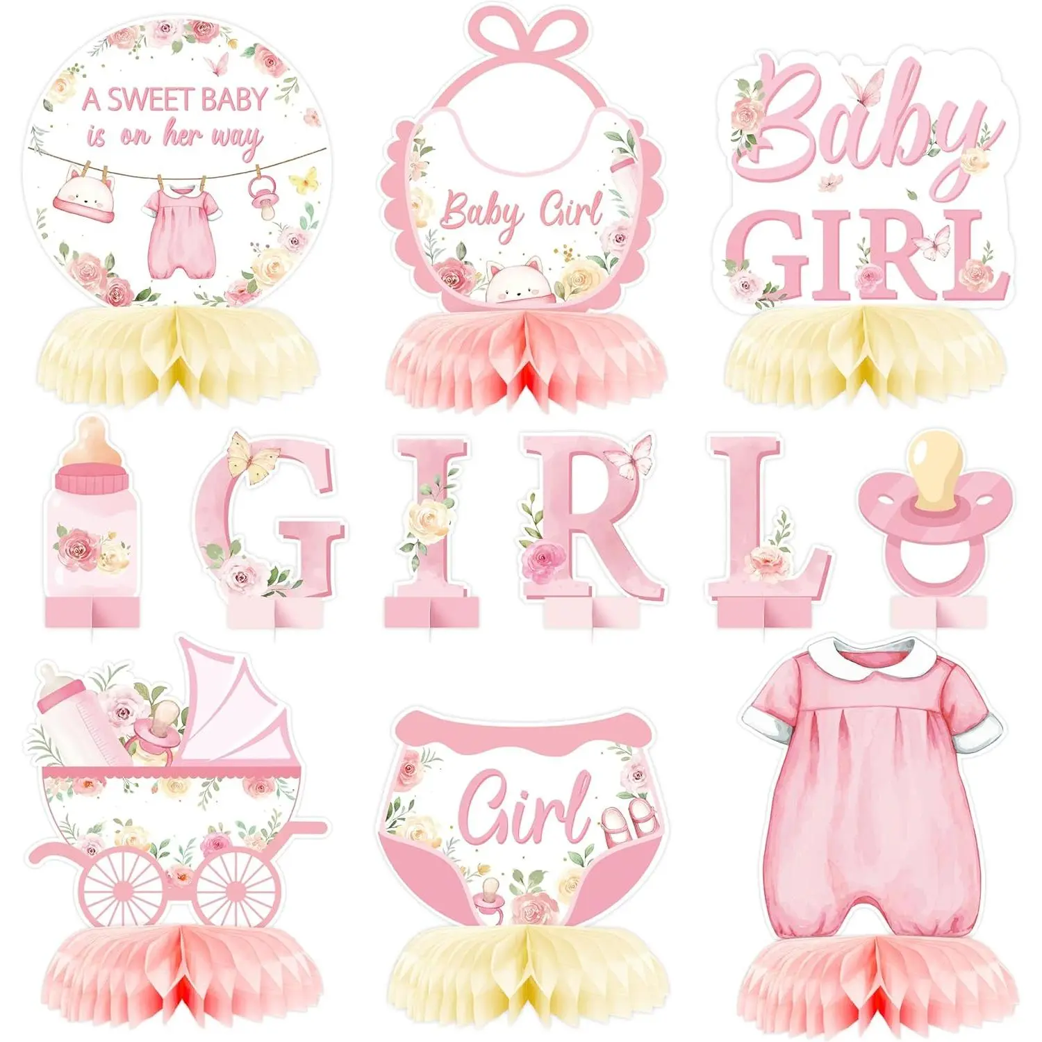 12Pcs Floral Sweet Baby Shower Party Honeycomb Centerpieces Spring Easter Gifts Sweet Baby Is On Her Way Baby Girl Party Table Decoration Pink Floral Girl Decor for Baptism Gender Reveal