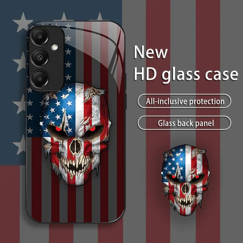 Suitable for [Galaxy A15] Independence Day American flag skull Creative design mobile phone case protective cover new business simple HD glass mobile phone case affordable anti-fall anti-fingerprint-888