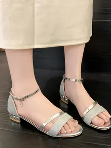 New Summer Rhinestone Gold & Silver Ankle-Wrap Fashion Sandals Footwear, Women's Roman Style with Ankle Strap Buckle, 3.5cm Mid Block Heel