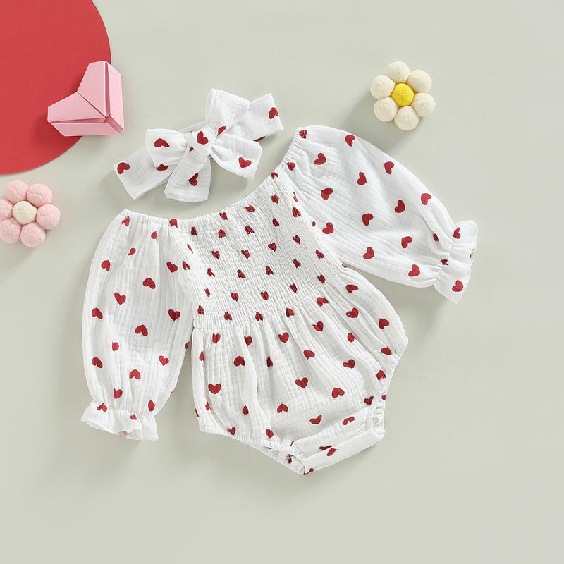 Calsunbaby Newborn Baby Girls Valentine's Day Romper Heart Print Long Sleeve Boat Neck Jumpsuit Bodysuit with Headband Clothes