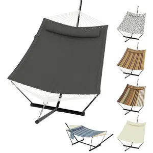 2 Person Hammock with Stand for Outside, Double Hammock with Stand and Pillow, Max 450 Lbs Capacity with Balance Rope, Large Hammock for Outdoor Patio Backyard Poolside