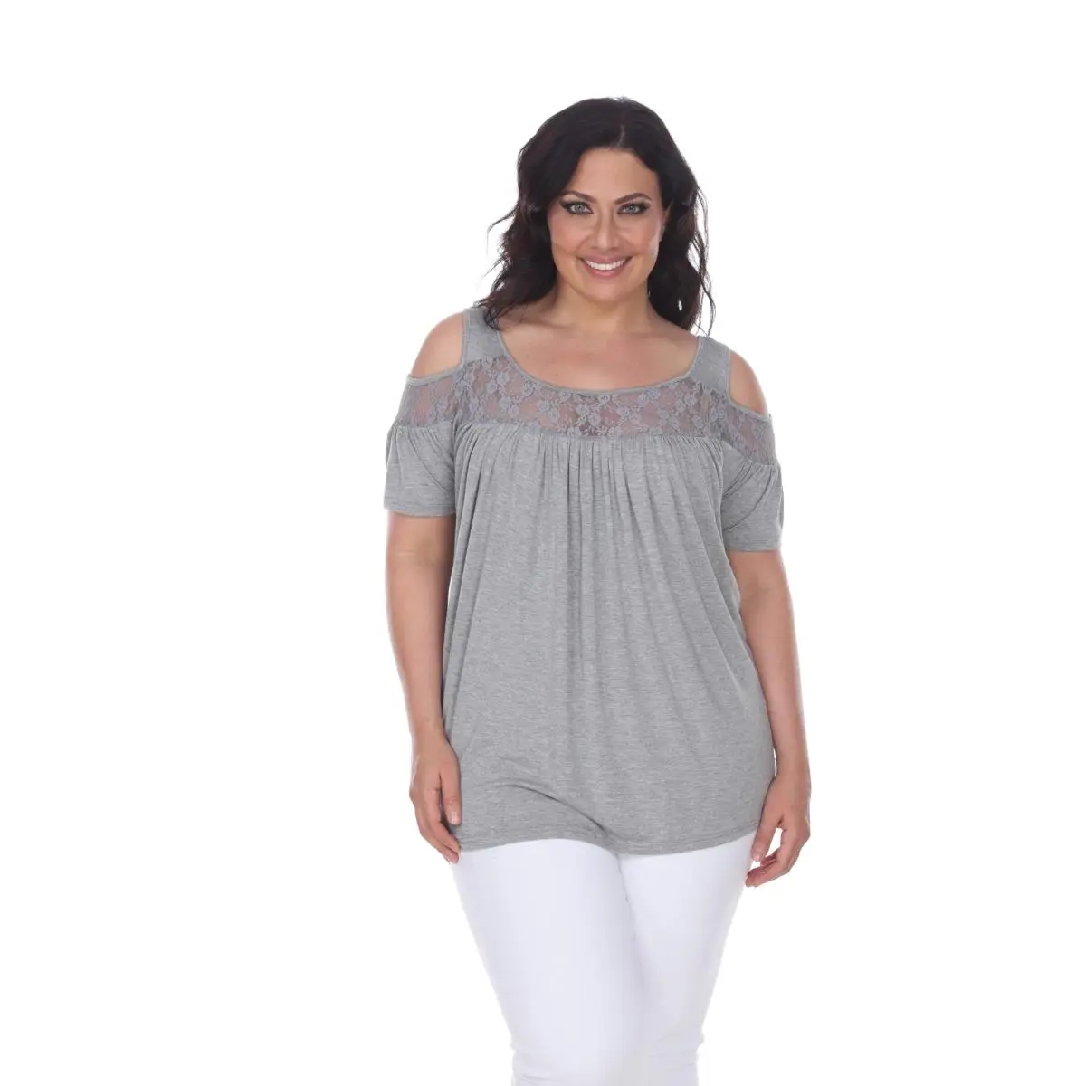 212 MAIN Women's Soft Cotton Basic Jersey Blouse Top - Cute Casual Lace Yoke, Shoulder Cutout, Charcoal Tunic Shirt, Size 7 (Extra Large)