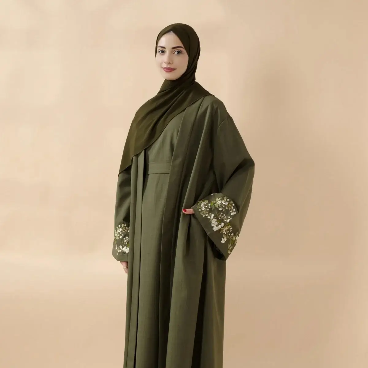 Olive Branch Embroidered Linen Abaya Set | 4-Piece Handmade Design | Jasmine & Olive Flower Embroidery | Symbol of Peace & Resilience | Includes Open