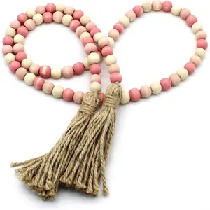 Beads Garland with Tassels Farmhouse Rustic Wooden Prayer Bead String Wall Hanging Accent for Home Festival Decor. Pink Mix Distressed