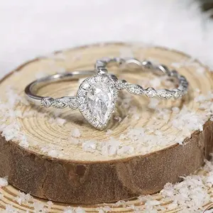 2 Pcs Set Exquisite Droplet Cubic Zirconia Ring with Pear Shaped Stone Perfect for Engagement Luxury Anniversary Gift