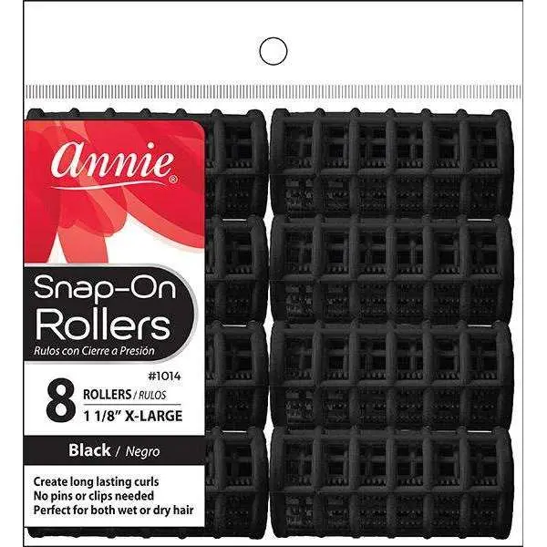 Annie Haircare Heatless Easy Snap-On Hair Rollers, 1 1/8 in X-Large Size, 8-Count Black Rollers for Long Curls, Wet/Dry Hair Styling Tool