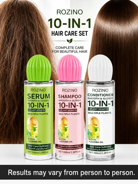ROZINO Shampoo, Conditioner & Hair Serum Set - 100ml*3 Each, Keratin, Biotin & Jojoba Oil, Daily Hair Care Collection for Most Hair Types,back to school