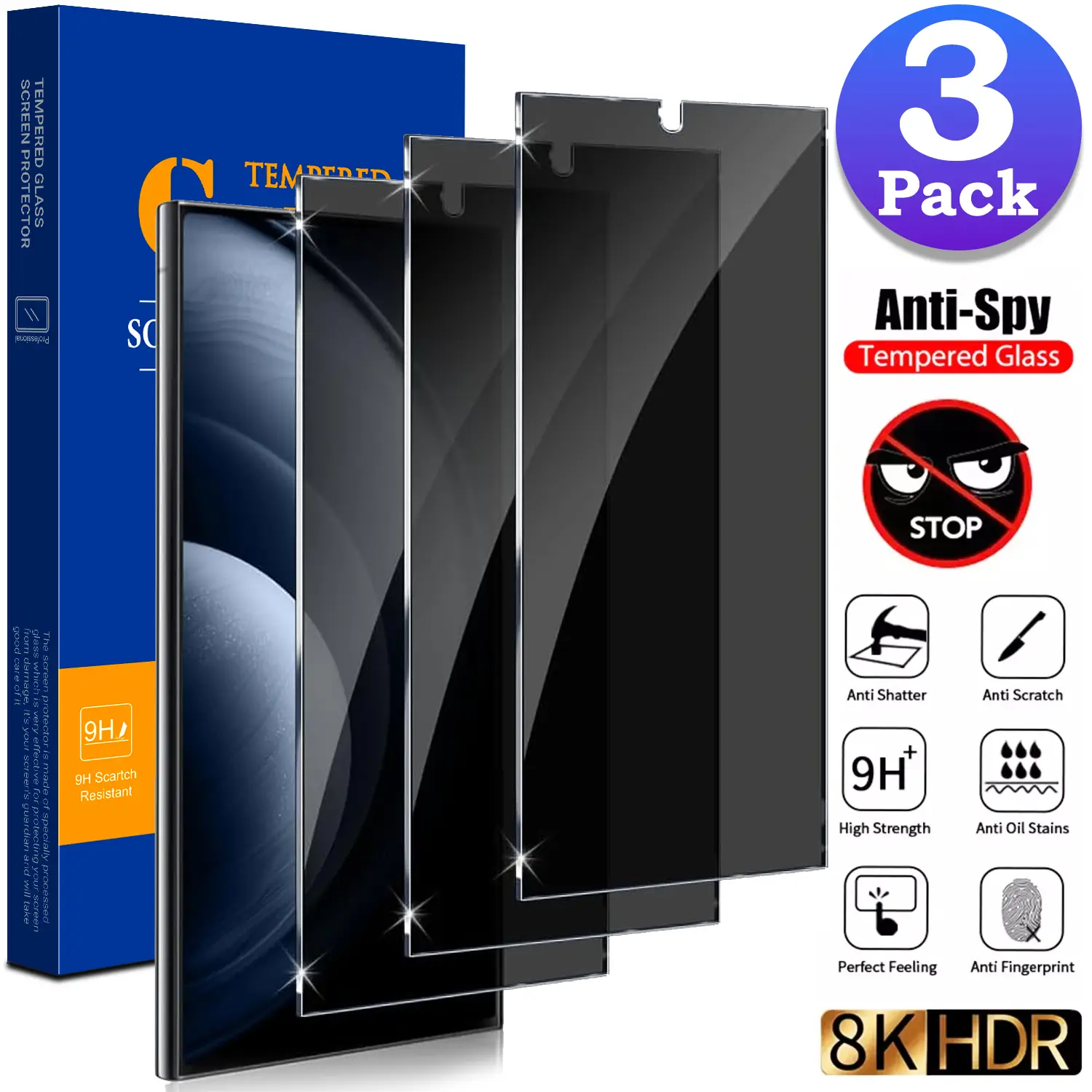 3 Pack Privacy Screen Protector For Samsung Galaxy S25 Ultra S25 Plus S24 Ultra S24 Plus S24 Anti-Spy Tempered Glass