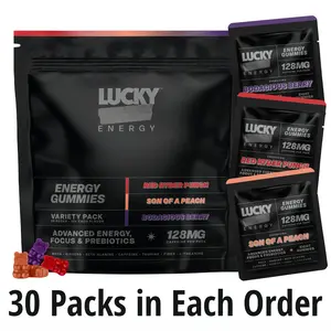 Lucky Energy Gummies: 30-Day Supply of Daily Energy, Focus & Gut Health in a Tasty Gummy | 128mg Caffeine, L-Theanine, Maca, Ginseng, 7g Prebiotic Fiber | 30-Day Supply, 8 Gummies Per Pack, Portable Energy Supplement