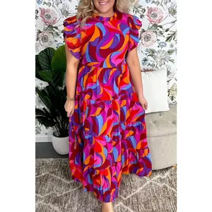 Multicolour Plus Abstract Print Ruffled Mock Neck Tiered Maxi Dress