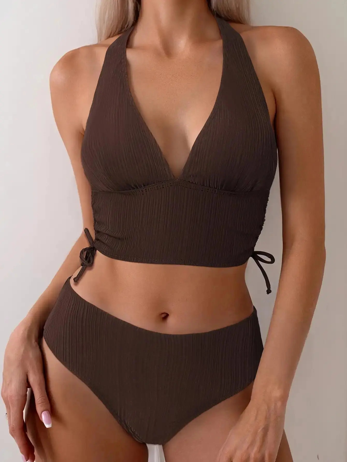 Brown two-piece bikini set with deep V-neck, halter neck, tie straps, and open back, sexy and casual for vacation and beach