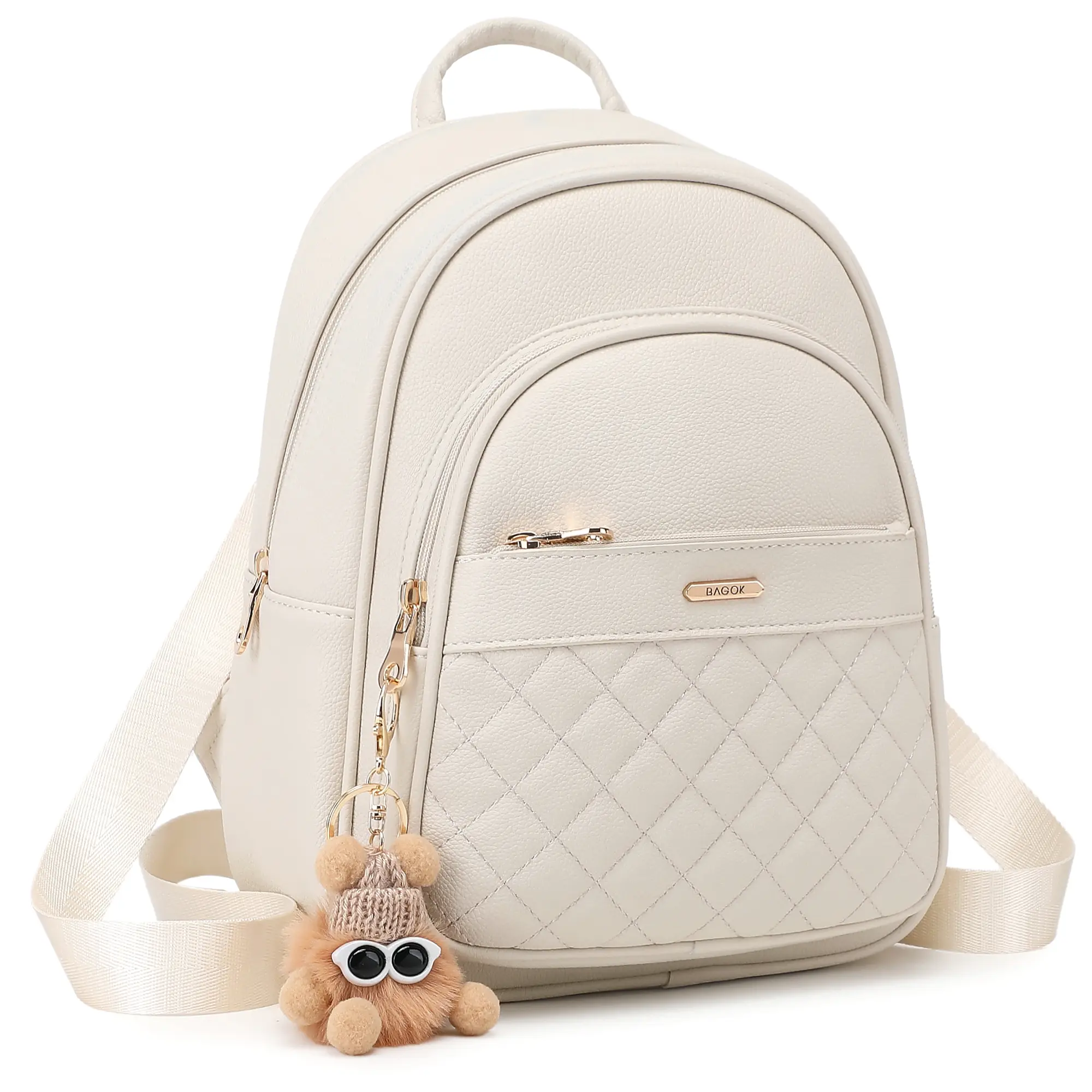 BAGOK Women's Compact Vegan Leather Mini Backpack Purse - Adjustable Strap, Fluffy Cartoon Charm, Fits Tablet, Casual Wear Everyday Use Home Organizer Storage Bag