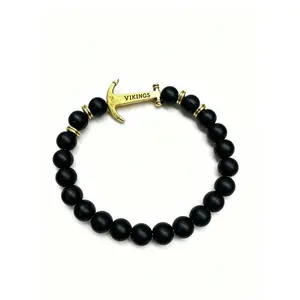 [VIKINGS Collection] Vintage Nautical Anchor Bracelet for Men - Matte Black Beaded Wristband, Edgy Fashion Accessory