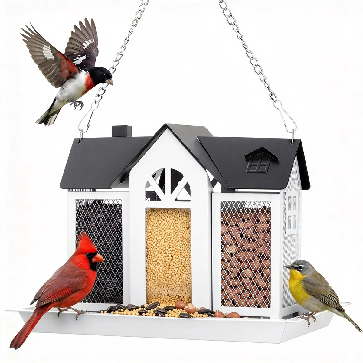 PAWGIANT Hanging Metal Bird House feeder, Bird Feeder House for Outside, With Triple Feeders for Finch Cardinal Chickadee Large Capacity, Weatherproof and Durable, Garden Decor for Outside, Unique Gifts for Bird Lovers Mom Grandma, White, dealsforyou