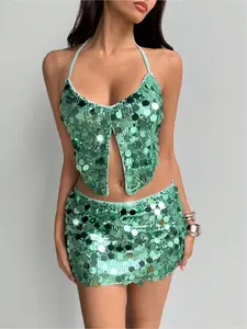 Women's Party Camisole Skirt Set English E-commerce Version Party Must-Have! Women's Shiny Sexy Camisole & Slim-Fitting Bodycon Midi Skirt Set - Suitable for Music Festival, Beach Vacation, Party, Gathering, Dance Wear