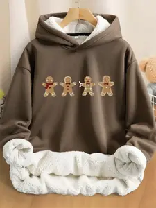 Women's Christmas Cartoon Gingerbread Man Hooded Funny Sweatshirt, Lamb Wool Fleece Lined, Long Sleeve, Casual Fall Winter Wear