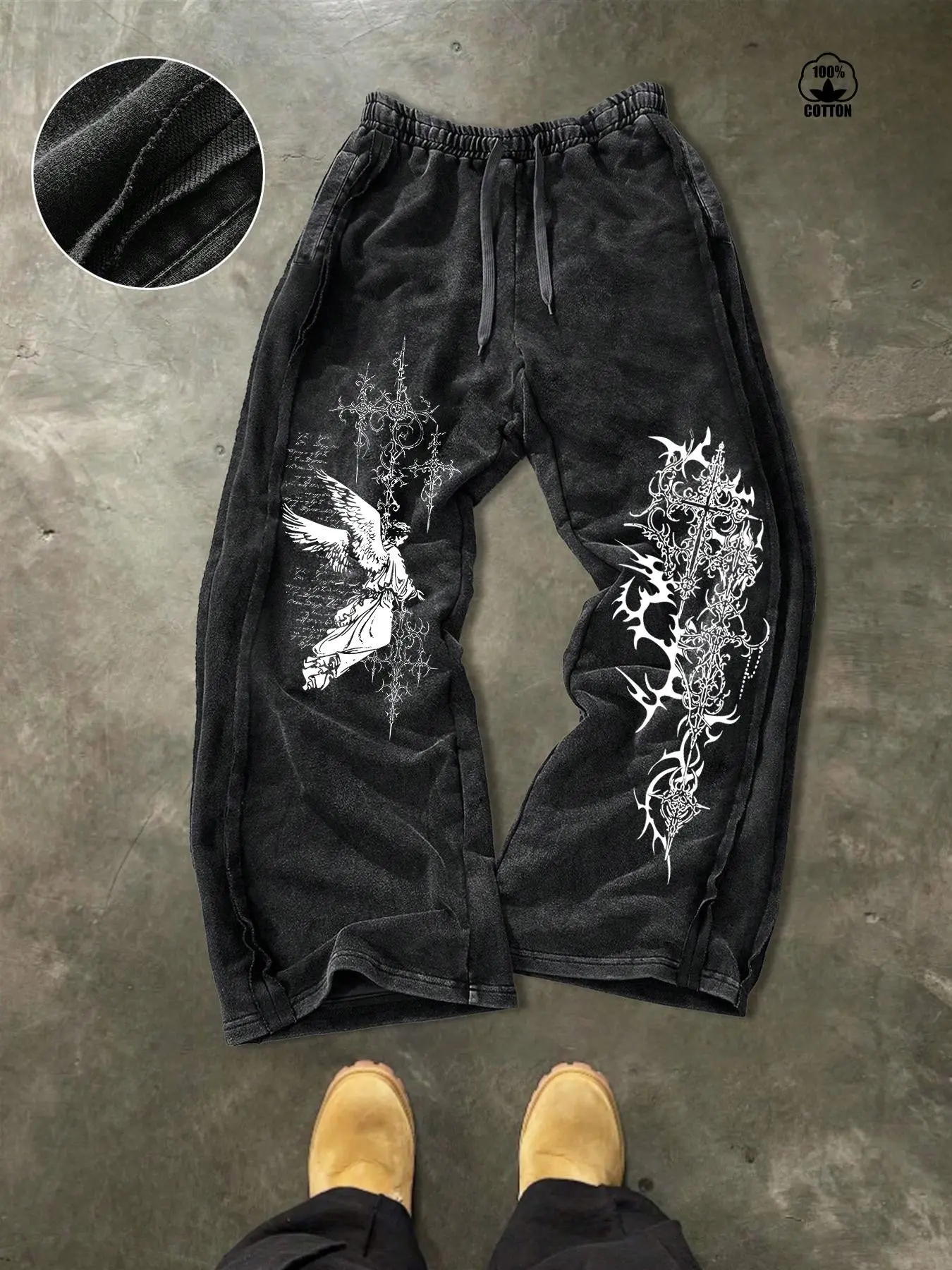 Unisex Washed Graphic Angel Cross Thorn Print Wide Leg Pants, Gothic Aesthetic High Street Style Loose Cotton Adjustable Drawstring Closure Long Pants, Couples Fall Winter Streetwear, Man