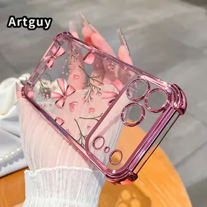 Bow & Bloom Pattern Four Corner Anti-Fall Phone Case Transparent Electroplated Protective Cover for iPhone 17 Pro Max 16 Air 15 Plus 14 13 12 11 E