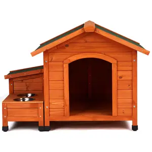 88*106*77cm Wooden Feral Dog House for Outdoor and Indoor, Pet House with Food Bowl& Food Storage Bucket