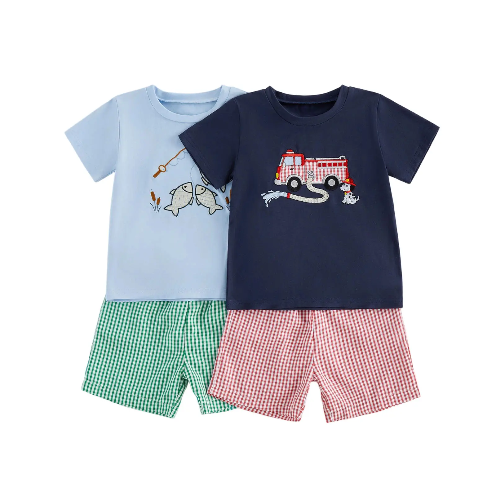 Toddler Baby Little Boy Shorts Set Short Sleeve Embroidery T-Shirt and Plaid Shorts 2 Piece Outfits 1-5 Years
