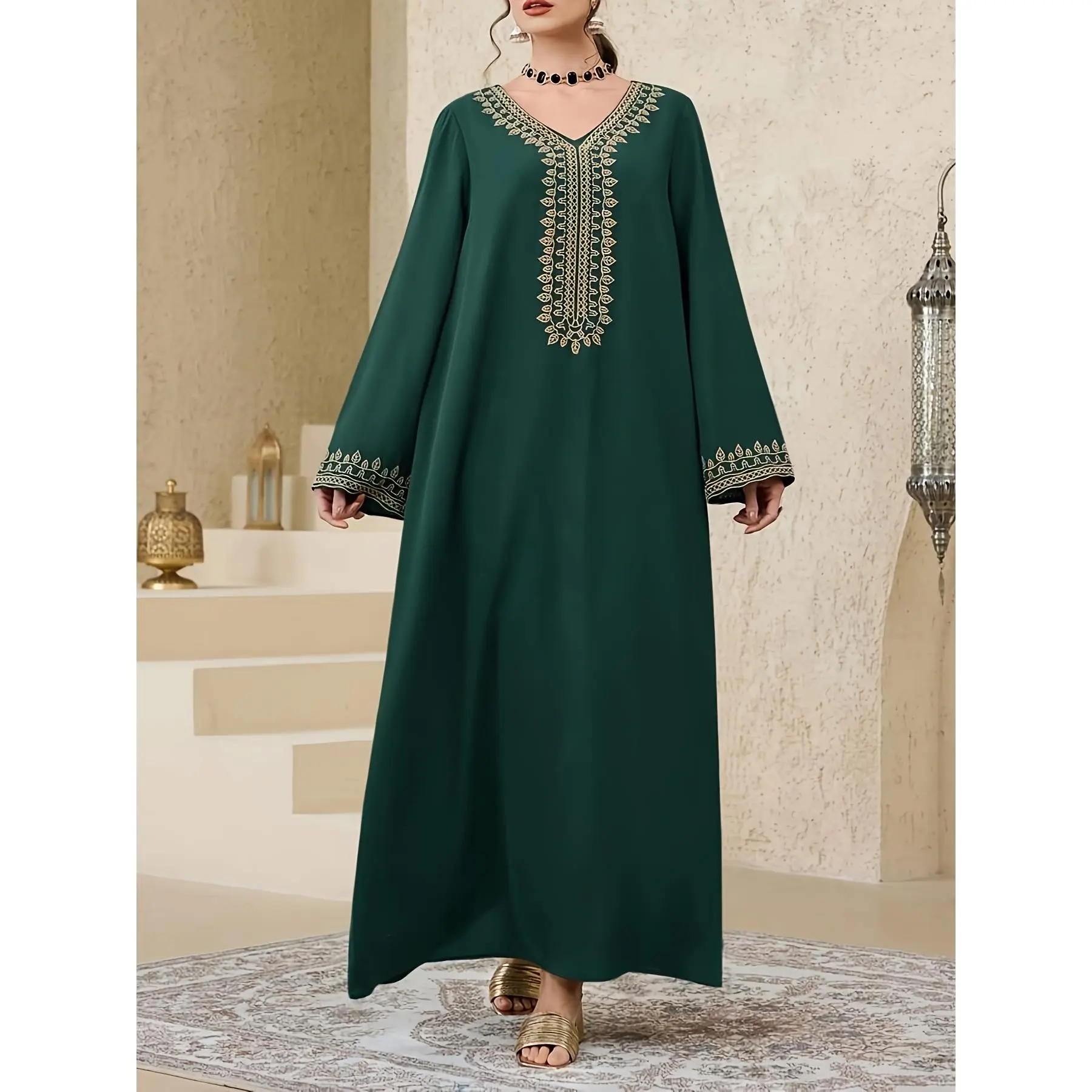 Women's Elegant Emerald Green Turkish Abaya Dress - Long Sleeve A-Line Loose Fit Islamic Dress with Women's Elegant Emerald Green Turkish Abaya Dress - Long Sleeve A-Line Loose Fit Islamic Dress with