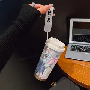 Coffee mug ~ 530 ml / 17.92 oz insulated mug，Eeyore Watercolor Balloons Bow & Hearts Pattern PrintDouble-walled, leak-proof, travel mug with handle; perfect for coffee lovers, art enthusiasts, sports enthusiasts, and those seeking a gift.