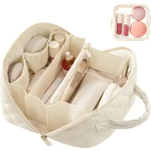 Makeup Bag,Wideopen Toiletry Bag for Women, 180° Lay-Flat Water-Resistant Large Cosmetic Case, Puffy Padded Travel Organizer for Toiletries & Brushes Large Capacity with Compartments