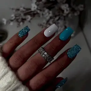 Blue Glitter Jade Elegant Export Student Autumn Winter Short Detachable Nail Tips, Medium Square Nails
