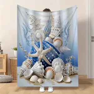 Coastal Seashell & Starfish Flannel Blanket, Ultra-Soft Plush Throw with Ocean Marine Print, Cozy Warm Fleece Blanket for Couch Bed, Perfect Beach House Decor & Gift for Ocean Lovers, All-Season Comfort