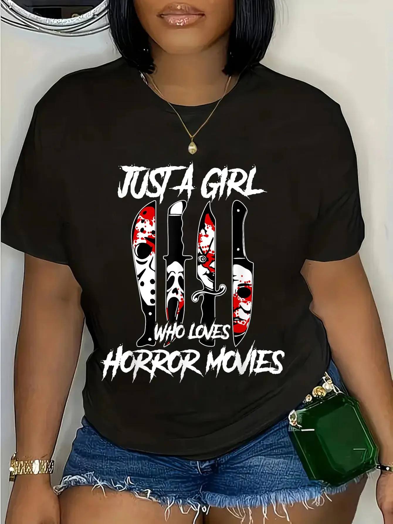 Lady's 100% Cotton Casual Short-Sleeve Graphic T-Shirt - Everyday Wear, Features Horror Movie Characters With Knives