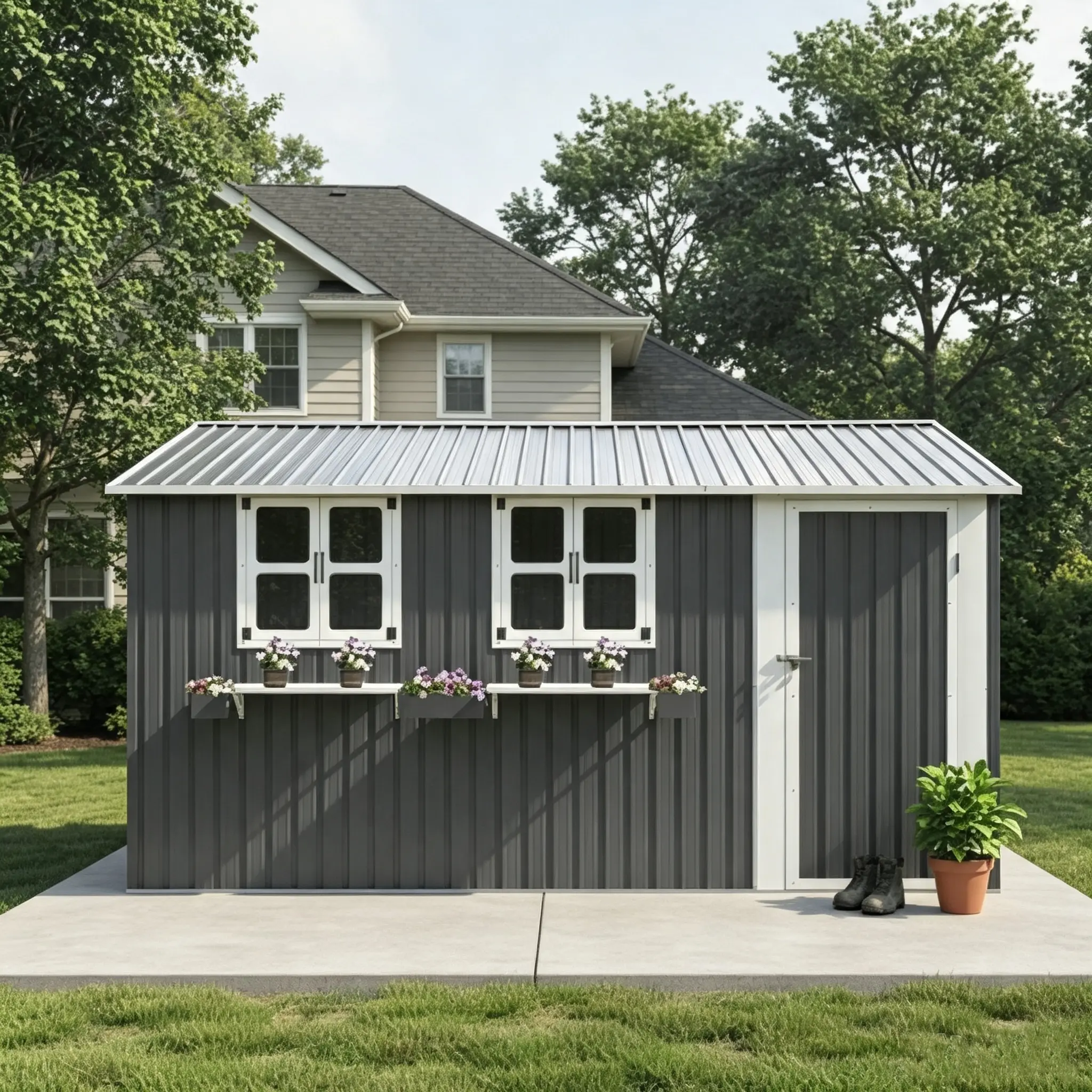 12x10 FT Outdoor Heavy-Duty Metal Storage Shed, Gray Garden Building with 3 Clear Windows, Decorative Flower Rack, Lockable Door Latch, Waterproof, Windproof, Easy to Clean, Assembly Required for Backyard Patio
