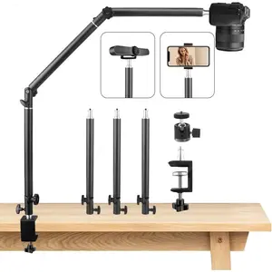Heavy Duty Overhead Camera Desk Mount Stand 14.5"-41" with 1/4" Screw, 3-Section 360?Rotatable Detachable Articulating Boom Arm with Enlarged Handle C Clamp, Tabletop Light Stand for Streaming Vlog