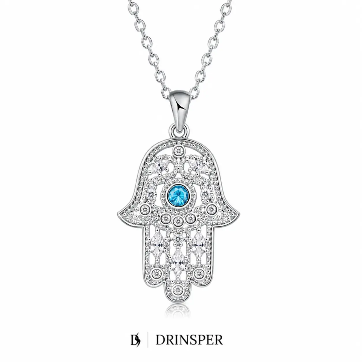 DRINSPER Women's Silver Plated Hamsa Hand Necklaces, Symbolic Protective Pendant with Cubic Zirconia and Simulated Birthstone, Meaningful Jewelry Gift