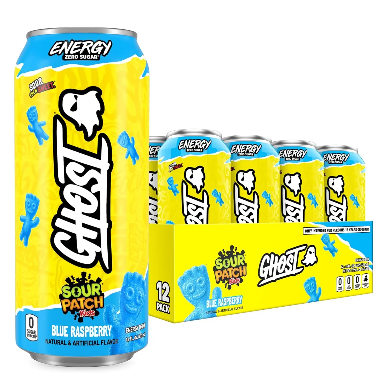 GHOST Energy Drink Beverage - Sour Patch Kids Blue Raspberry Flavor, 12-Pack 16oz Cans - 200mg Natural Caffeine, L-Carnitine, Taurine - Energy & Focus Support, No Artificial Colors, Gluten-Free, Vegan