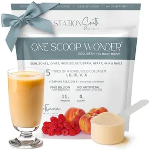 Station South Collective ONE SCOOP WONDER Collagen Raspberry Peach Flavor with 5 Types of Hydrolyzed Collagen & Probiotics for Skin Hair Nails & Joints