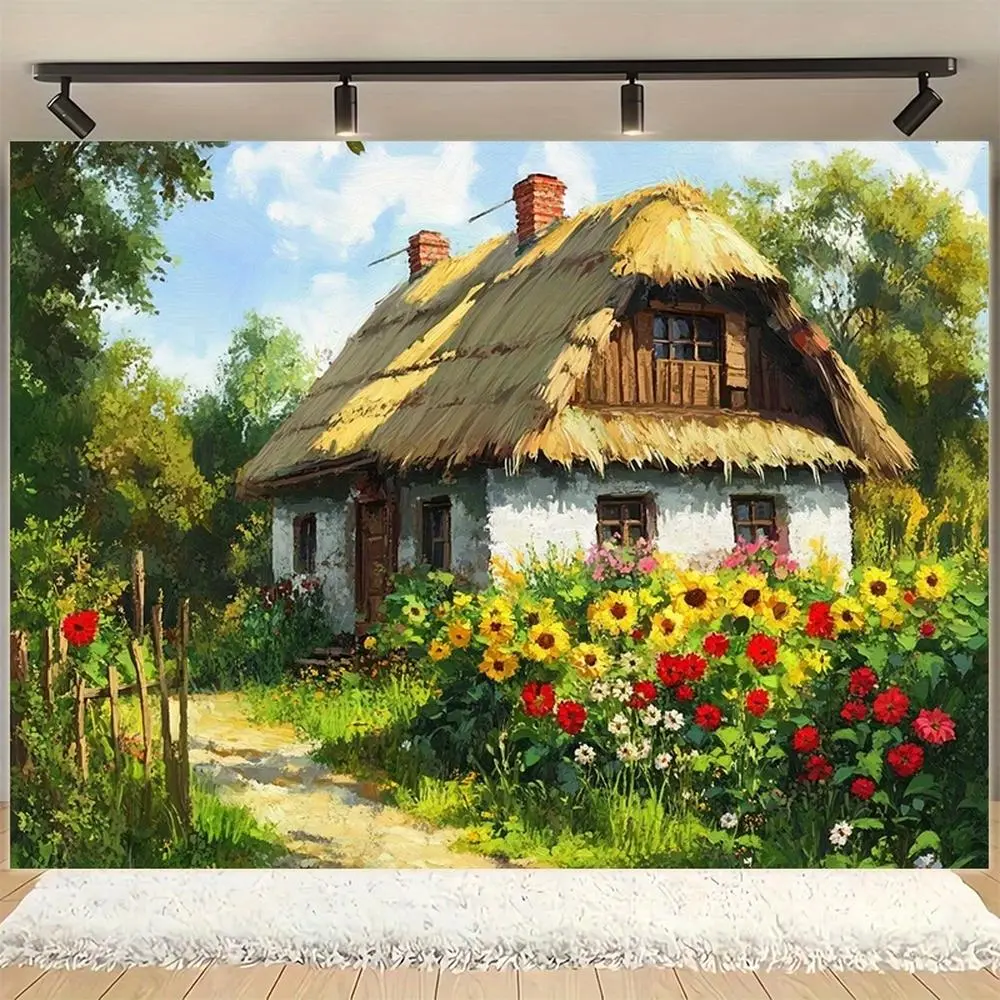 1pc Vintage European Garden Polyester Backdrop - Rustic Cottage & Sunflowers Design, Multi-Size, Easy-Clean Durable Fabric Banner - Ideal for Photo Shoots, Home Decor - Indoor/Outdoor Use,summerwins