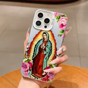 Virgin Mary And Flowers Pattern Case for iPhone 16 15 14 Pro Max 13 12 11 XR XS Plus Shockproof Non Slip Military-Grade Protection Silicone Cover