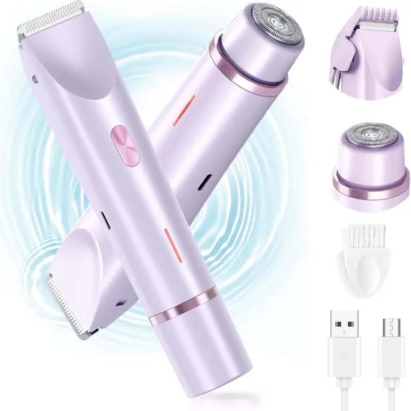 2-in-1 Electric Shaver for Women, Waterproof Facial Hair Remover & Body Trimmer, Rechargeable Lady Razor with Dual Heads for Face Legs Arms Underarms Bikini Area Wet & Dry Use