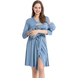 Maternity Robe and Baby Receiving Blanket, Matching Mommy Labor Delivery Robe and Swaddle Set Denim blue