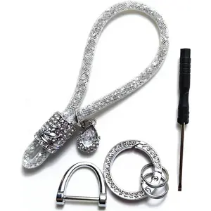 Bling Crystal Car Keychain, Rhinestone Key Fob with Anti-Lost D-Ring and Key Ring, Glitter Lanyard Keychains Wristlet, Universal Shiny Car Keychain Rings for Women Girls (Silver)