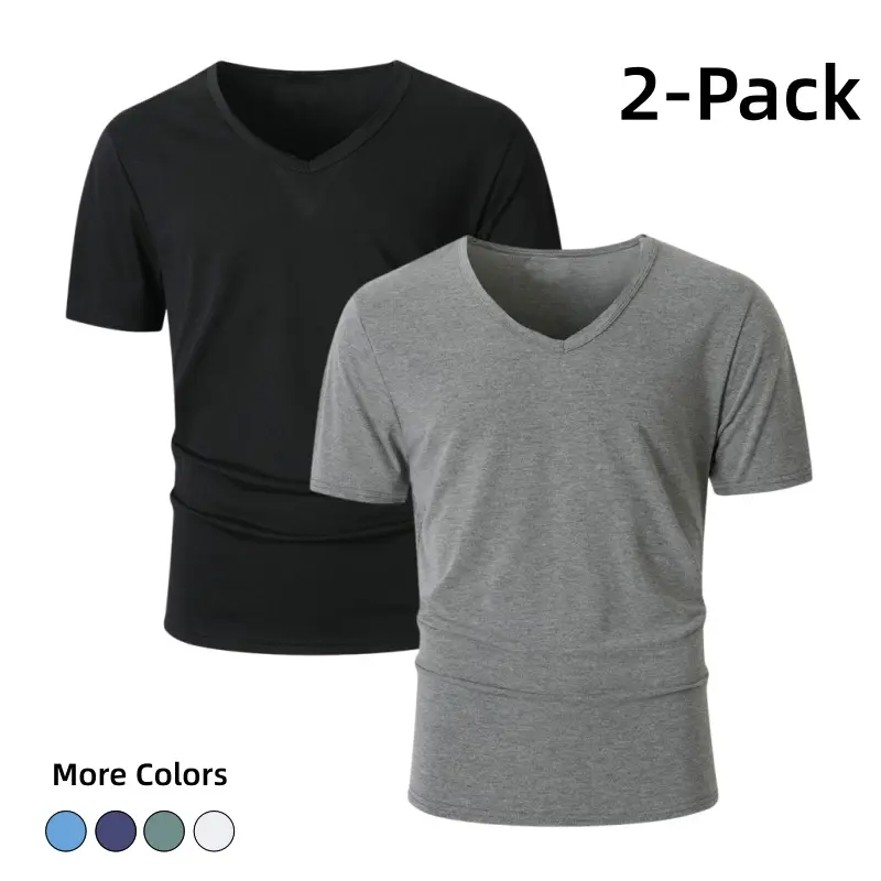 2-Pack Men's V-Neck Short Sleeve T-Shirts, Slim Fit Solid Basic Tees, Casual Everyday Layering Tops