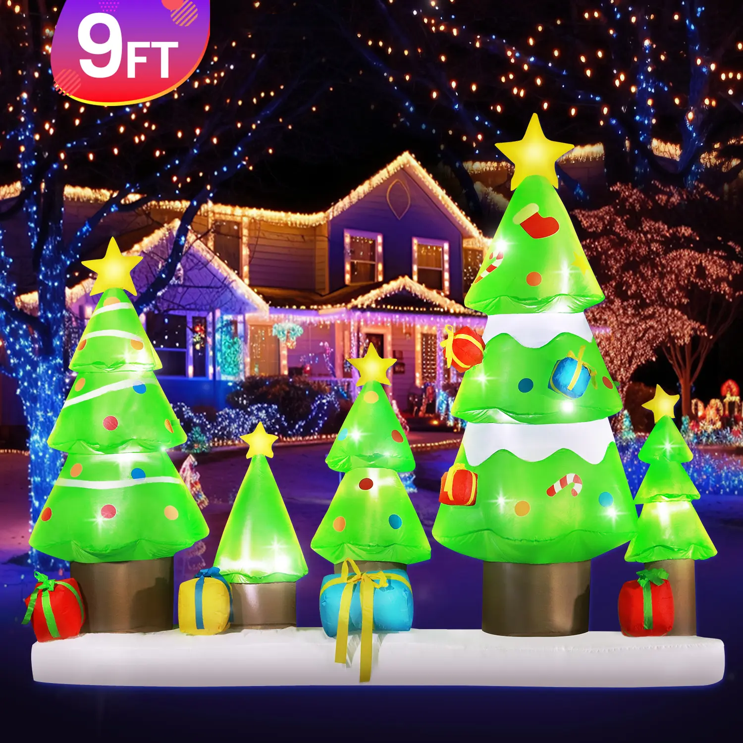 9 FT Long Huge Christmas Inflatable Tree Set Outdoor Decoration with Gift Boxes, LED Lights Holiday Blow Up Yard Decoration for Holiday Party Garden Yard Lawn Winter Decor