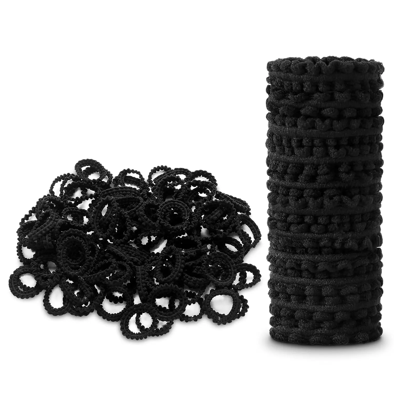 100 Count Black Mini Elastic Hair Ties, Seamless Synthetic Bands for Girls and Women - Ouchless, Non-Slip, and No-Snag Hold, Polyester, Modern, Mini Rubber Bands, 21Mm Diameter, Round Band