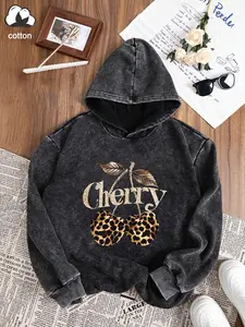 Women's Washed Hoodie with Leopard Cherry Print, Comfortable Casual Loose Fit, Long Sleeve Spring & Fall Fashion Top